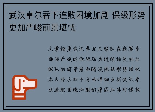 武汉卓尔吞下连败困境加剧 保级形势更加严峻前景堪忧