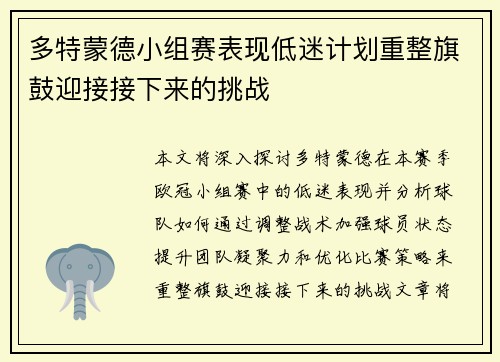 多特蒙德小组赛表现低迷计划重整旗鼓迎接接下来的挑战